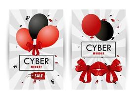 pôster de feriado de segunda-feira cibernética com balões de cores vermelhas e pretas, molduras de hélio vetor