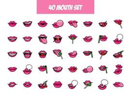pacote de quarenta ícones de estilo de preenchimento de bocas de pop art vetor