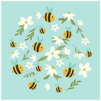 padronizar com margarida flor e abelha desenhos animados em azul fundo vetor