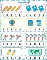 matemática educacional planilha contar, e círculo para pré escola a partir de 1 para cinco, escola objetos vetor