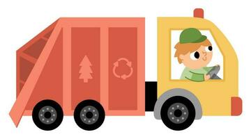 lixo caminhão ícone. homem dirigindo lixo furgão com reciclando placa. Lixo carro ilustração isolado em branco fundo. desperdício Ordenação conceito. vetor meio Ambiente proteção cenário