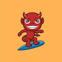 fofa desenho animado diabo jogando surfar vetor