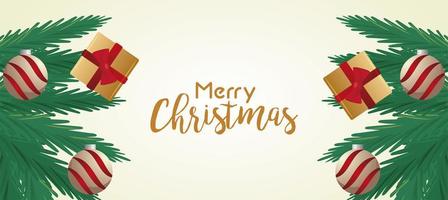 cartão de letras de feliz natal feliz com bolas e presentes em folhas vetor