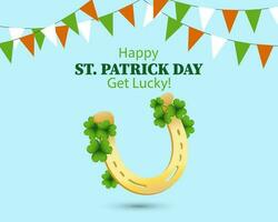 st. patrick's dia, uma dourado ferradura com trevo folhas, guirlandas com bandeiras. ilustração, bandeira, cartão postal, vetor