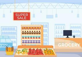 Comida mercearia loja compras vetor ilustração com alimentos Itens e produtos sortimento em a supermercado dentro plano desenho animado mão desenhado modelos
