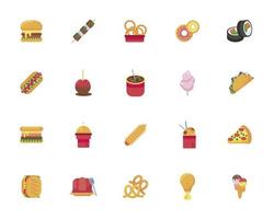 pacote de vinte ícones de conjunto de fast food de rua vetor