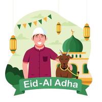 eid al adha dia com homem e ovelha vetor