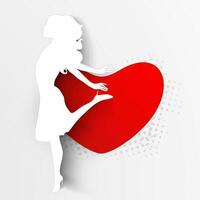 feliz mulheres dia cumprimento cartão ou poster Projeto com branco silhueta do uma g menina em vermelho coração decorado cinzento fundo. vetor