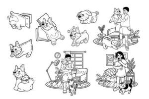 mão desenhado corgi cachorro e família coleção dentro plano estilo ilustração para o negócio Ideias vetor