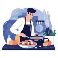 mão desenhado chefe de cozinha cozinhando dentro a cozinha plano estilo ilustração para o negócio Ideias vetor