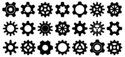 coleção de rodas dentadas mecânicas. 21 engrenagens pequenas e grandes. elemento de design de ícone de roda dentada de silhueta preta. fundo branco. ilustração vetorial. vetor