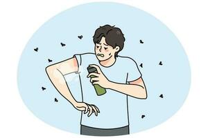 jovem homem Aplique anti-mosquito spray vetor