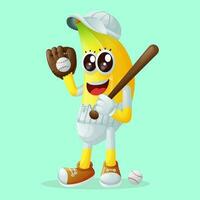 fofa banana personagem jogando beisebol vetor