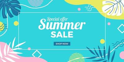 promoção de banner de oferta de liquidação de verão com folhas tropicais abstratas de memphis com fundo azul vetor