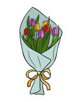 colori ramalhete do tulipas dentro invólucro papel. isolado plano vetor ilustração em branco fundo. floral esboço composição para cumprimento cartão, convite, fundo ou bandeira.