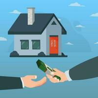 comprando casa, mão segurando a dinheiro para dar para casa os Proprietários vetor