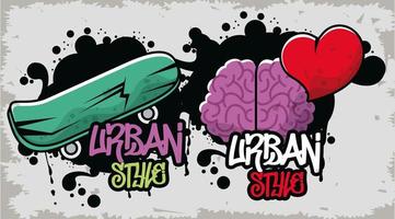 pôster de graffiti em estilo urbano com skate e cérebro vetor