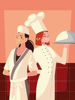duas chefs femininas em uniforme branco e chapéu com serviço de prato vetor