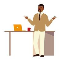 homem de negócios afro-americano com laptop e xícara de café na mesa vetor