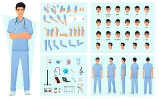 personagem construtor com enfermeira, doutor, face expressões, emoções, vários mão gestos frente, lado e costas Visão vetor