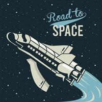 road to space lettering com nave espacial voando em estilo vintage vetor