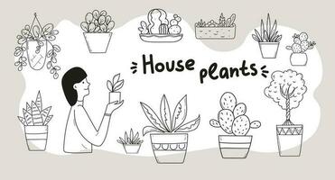 casa plantas dentro uma Panela Preto e branco contorno rabisco desenhando conjunto vetor