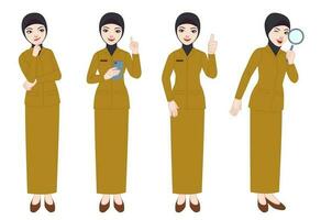 vários estilos e poses do lindo indonésio Civil funcionários vestindo uniformes e hijabs vetor