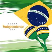 Brasil feliz dia da independência com bandeira e maracas vetor