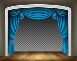 azul cortina do clássico teatro com madeira chão em padronizar fundo, vetor ilustração