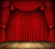 vermelho cortina do clássico teatro com madeira chão, vetor ilustração