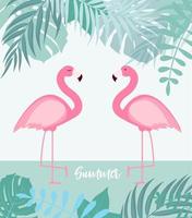 fundo abstrato de verão com folhas de palmeira e flamingo