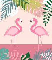 fundo abstrato de verão com folhas de palmeira e flamingo vetor