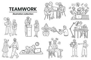 mão desenhado o negócio pessoas e trabalho em equipe dentro a local de trabalho dentro plano estilo ilustração para o negócio Ideias vetor