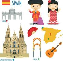 Espanha plano ícone conjunto viagem e turismo conceito. vetor ilustração