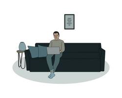 o negócio homem trabalhando em uma sofá usando computador portátil a partir de casa plano coloração linha arte mínimo ilustração vetor