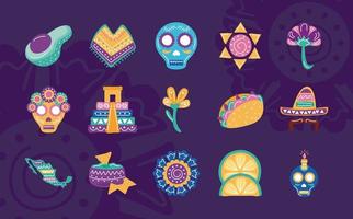 conjunto de quinze ícones de etnia mexicana vetor