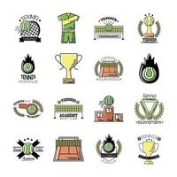 pacote de dezesseis ícones de conjuntos de tênis esportivos vetor