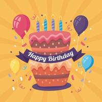 pôster de feliz aniversário com bolo delicioso e decoração de balões de hélio vetor