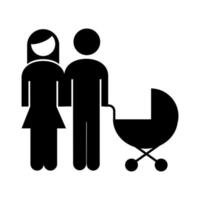 família pais casal com ícone de estilo de silhueta de figuras de carrinho de bebê vetor