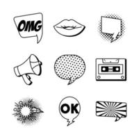 pacote de nove ícones de conjunto de pop art vetor