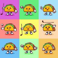 conjunto do vetor ilustração do kawaii taco desenho animado personagem com bastão golfe e bola. vetor eps 10