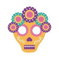 cabeça de caveira mexicana tradicional com ícone de estilo plano de flores vetor