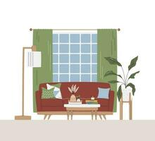 meio século vivo quarto interior conceito Projeto com plantas de casa. confortável casa cena detalhes. café mesa com plantas decoração e livros. acolhedor casa relacionado mão desenhado plano vetor ilustração isolado