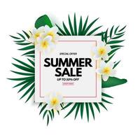 Cartaz de venda de verão com fundo natural com folhas de palmeira tropical e flores exóticas vetor