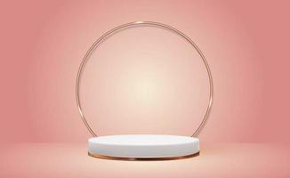 fundo de pedestal 3d branco com moldura de anel de vidro dourado para apresentação de produtos cosméticos ou revista de moda. vetor