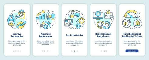 tesouraria gestão benefícios onboarding Móvel aplicativo tela. passo a passo 5 passos editável gráfico instruções com linear conceitos. interface do usuário, ux, gui modelo vetor