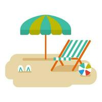 feriado em uma de praia com guarda-chuva e de praia cadeira. verão feriado viagem vetor ilustração