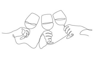 mãos segurando vinho ou champanhe óculos comemorativo torrada tilintar com amigos dentro 1 linha desenhando minimalismo vetor