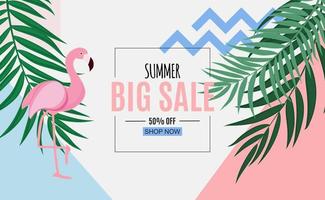 fundo abstrato de venda de verão com folhas de palmeira e flamingo