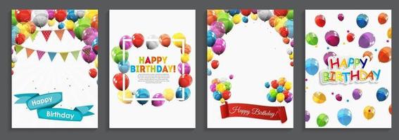 Modelo de cartão de feliz aniversário, saudação de feriado e convite com balões e bandeiras